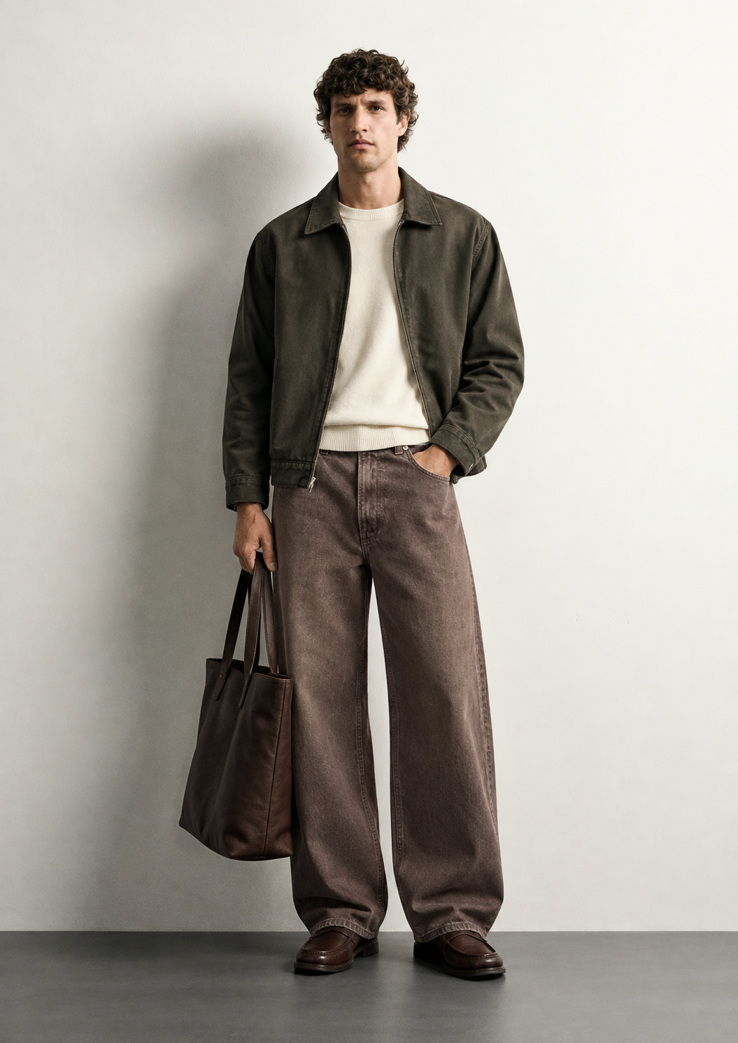 Washed Brown Baggy Jeans — worn, front