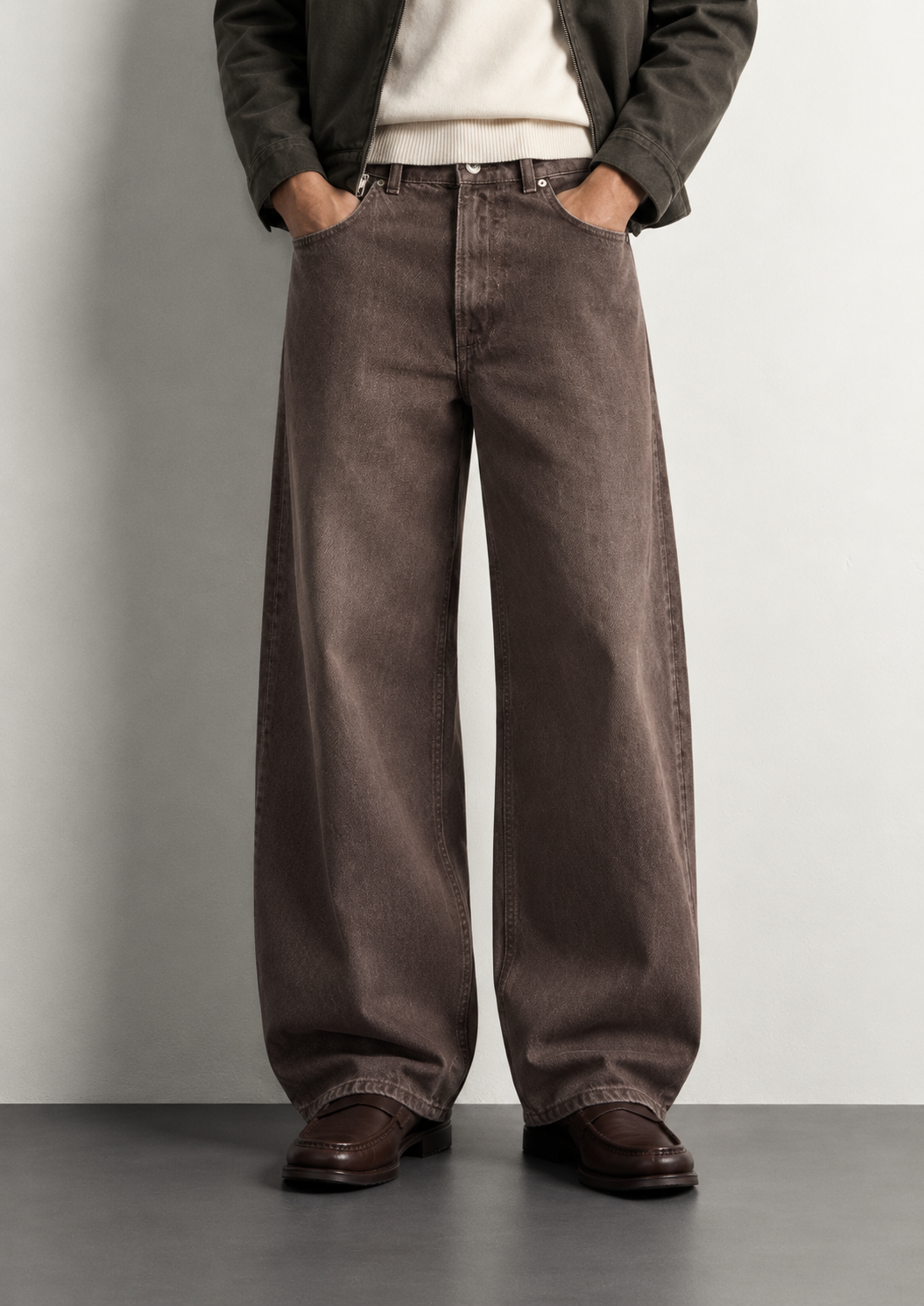 Washed Brown Baggy Jeans — worn, close-up