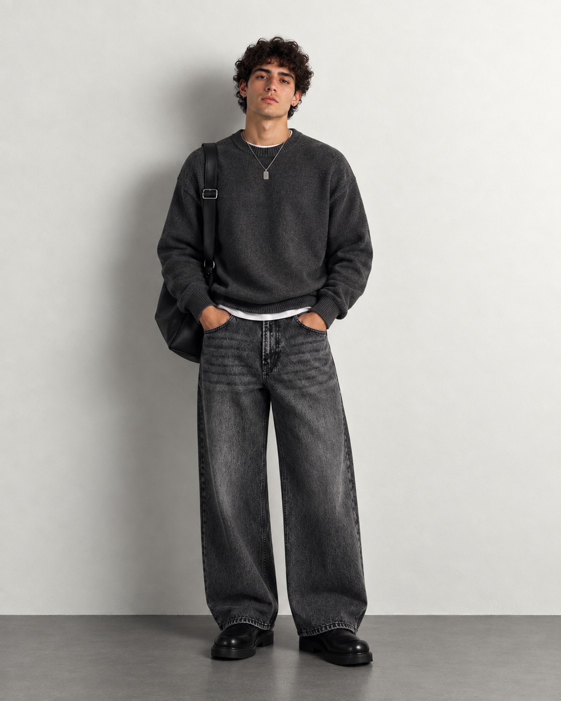 Acid Wash Charcoal Wide Leg Jeans — worn, front