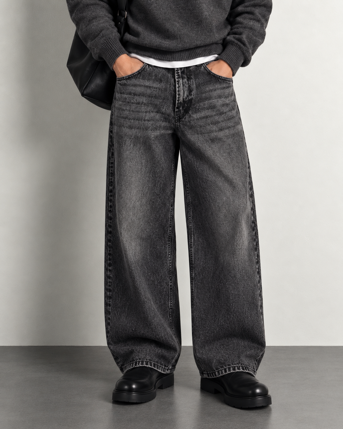 Acid Wash Charcoal Wide Leg Jeans — worn, close-up