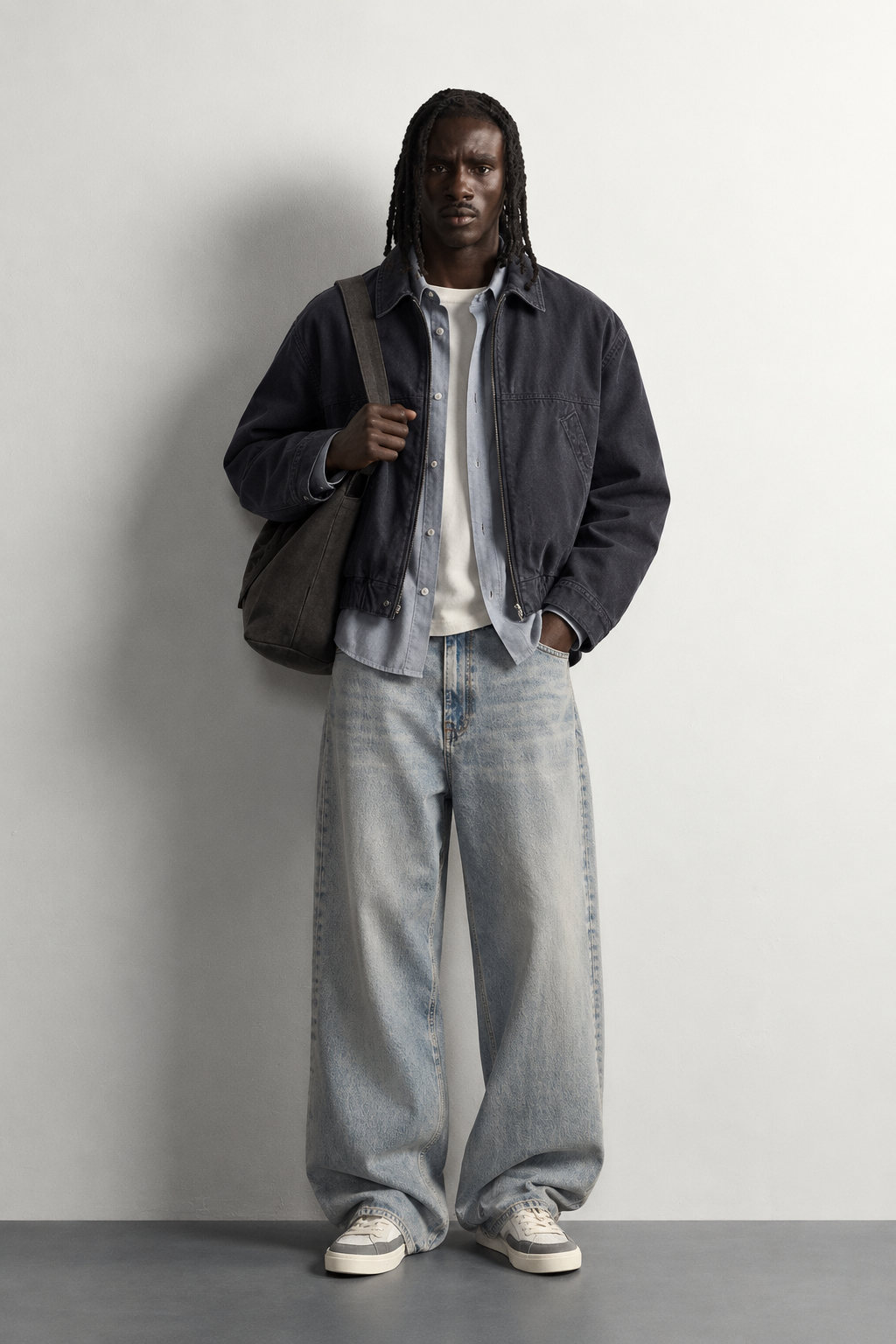 Faded Ice Blue Baggy Jeans — worn, front