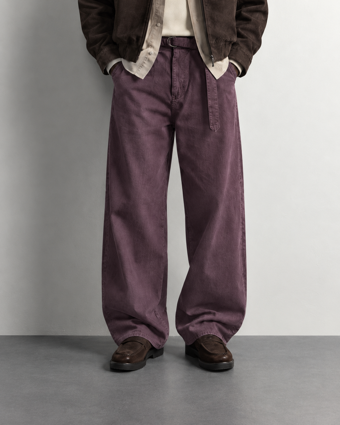 Faded Plum Wide-Leg Jeans — worn, close-up