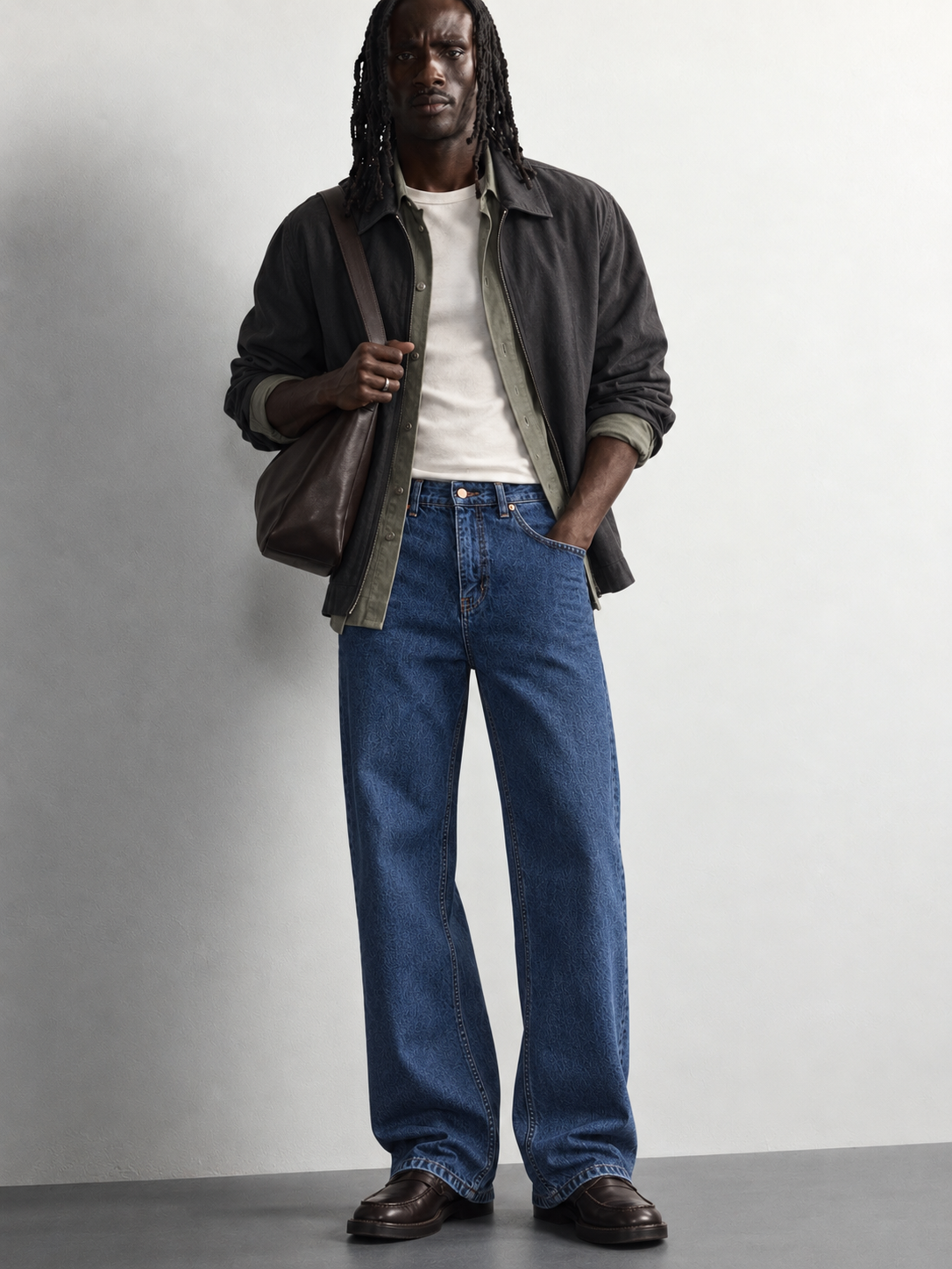 Mid Blue Relaxed Wide-Leg Jeans — worn, front