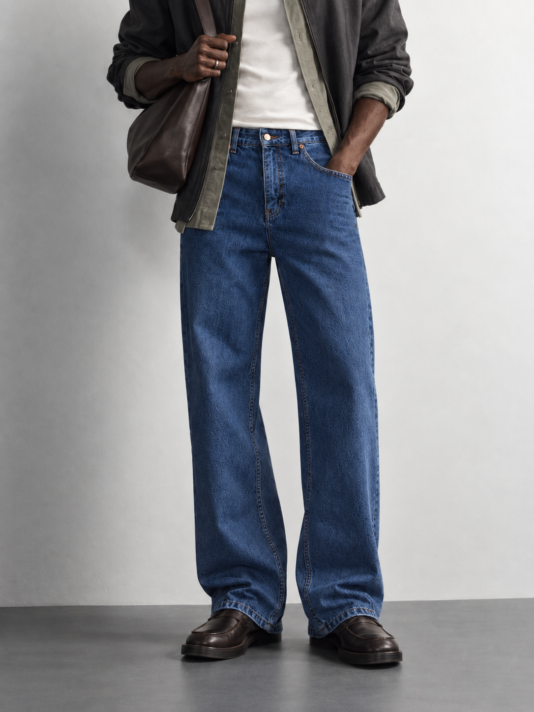 Mid Blue Relaxed Wide-Leg Jeans — worn, close-up