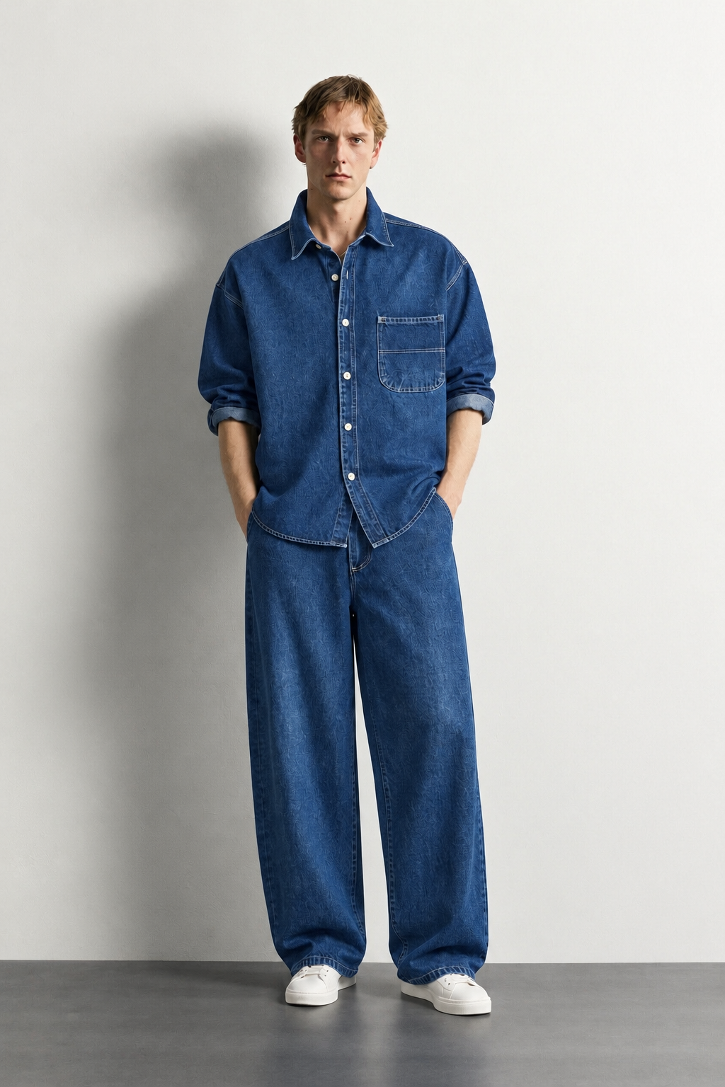 Royal Blue Baggy Wide Leg Jeans — worn, front