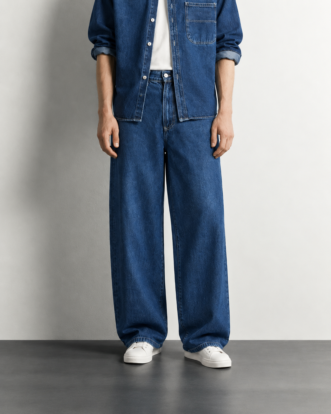 Royal Blue Baggy Wide Leg Jeans — worn, close-up
