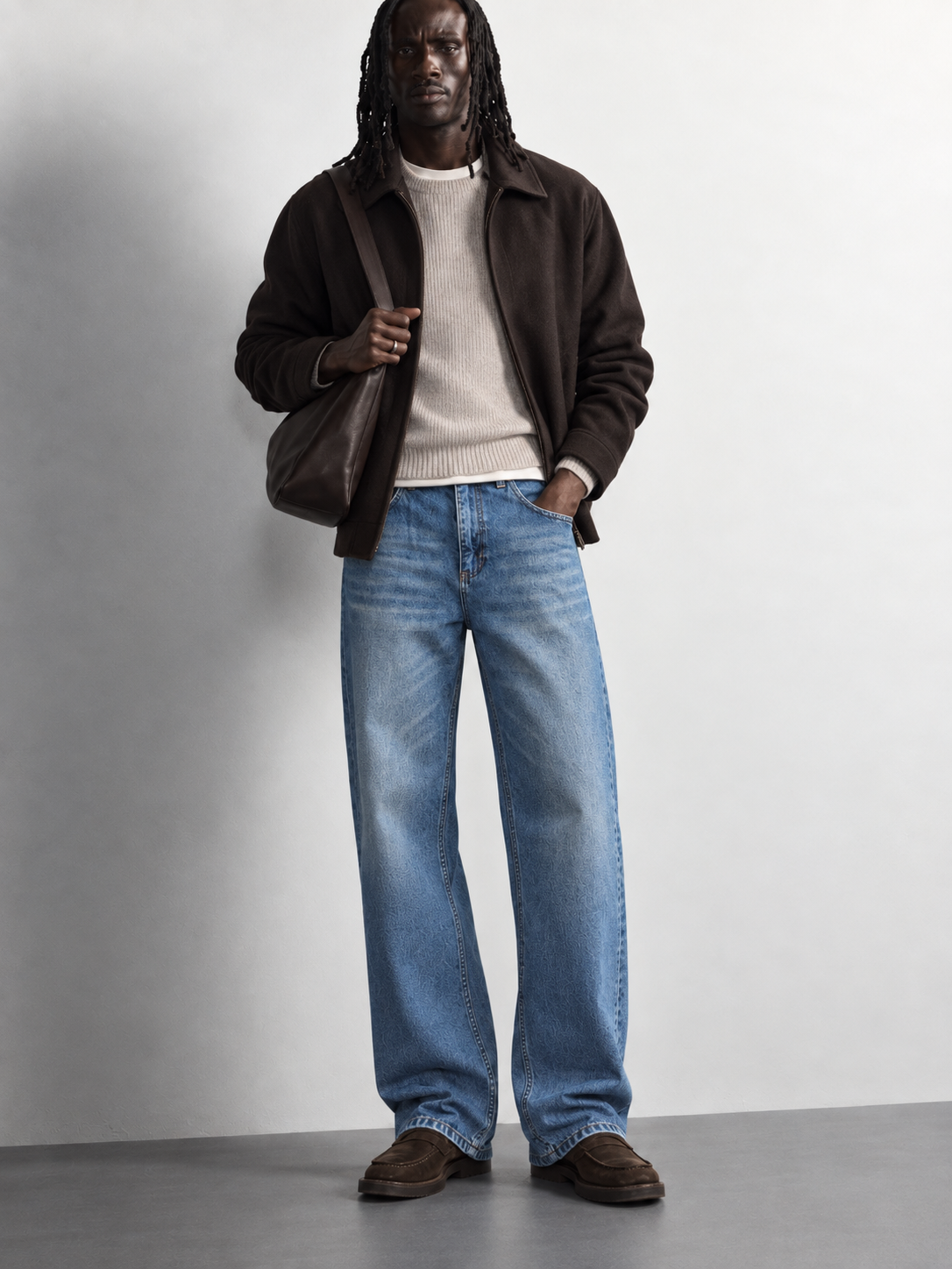 Light Blue Washed Baggy Jeans — worn, front