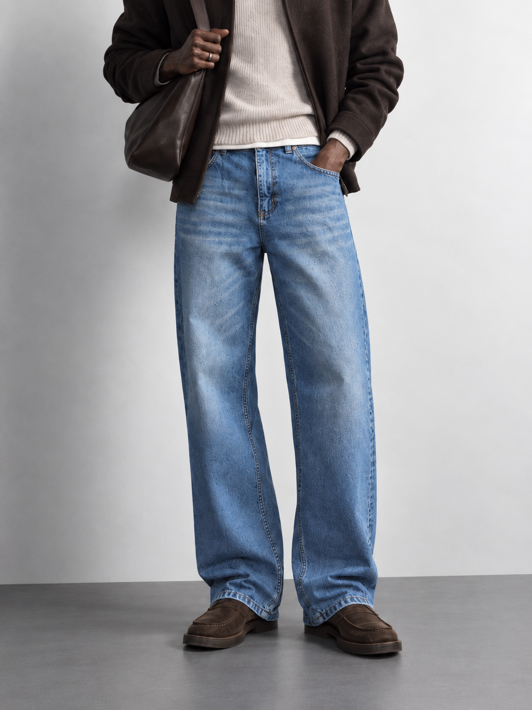 Light Blue Washed Baggy Jeans — worn, close-up