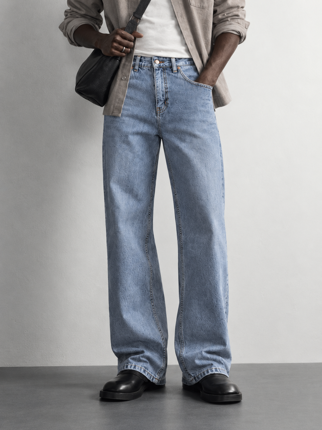 Ice Blue Vintage Baggy Jeans — worn, close-up