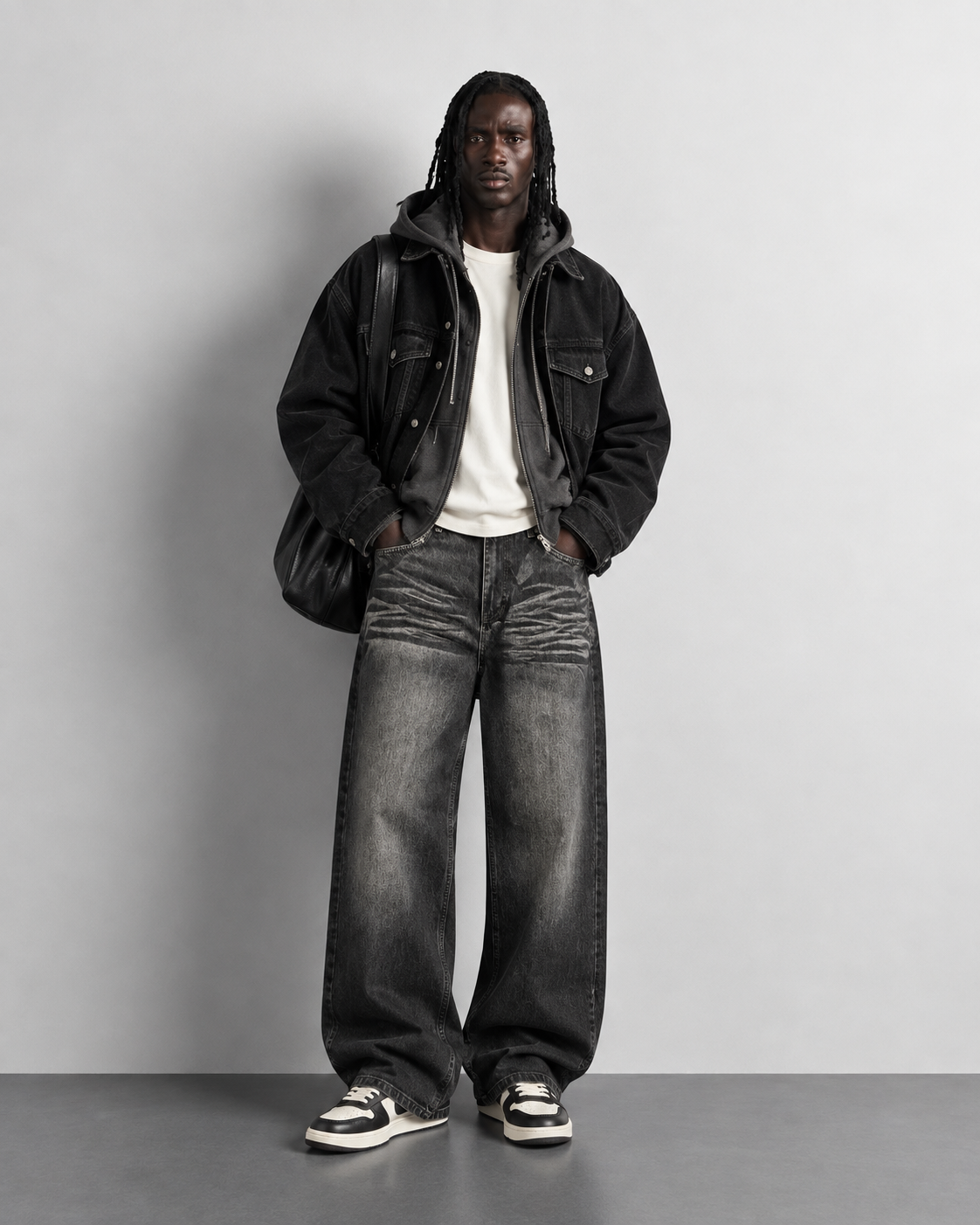 Charcoal Grey Acid Wash Baggy Jeans — worn, front