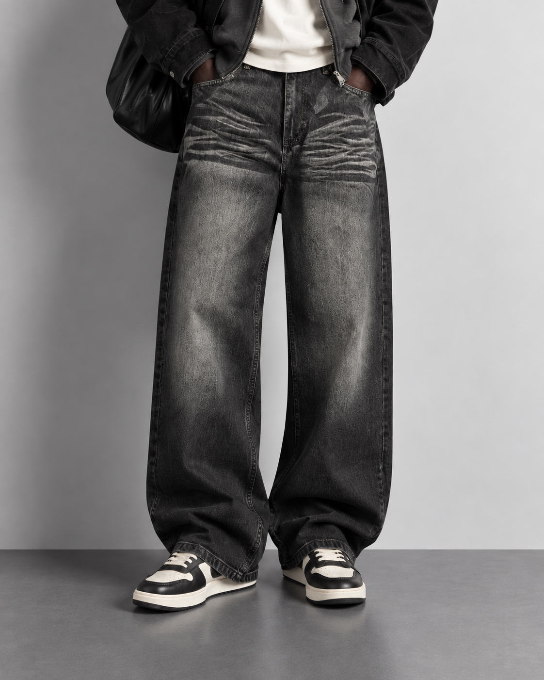Charcoal Grey Acid Wash Baggy Jeans — worn, close-up