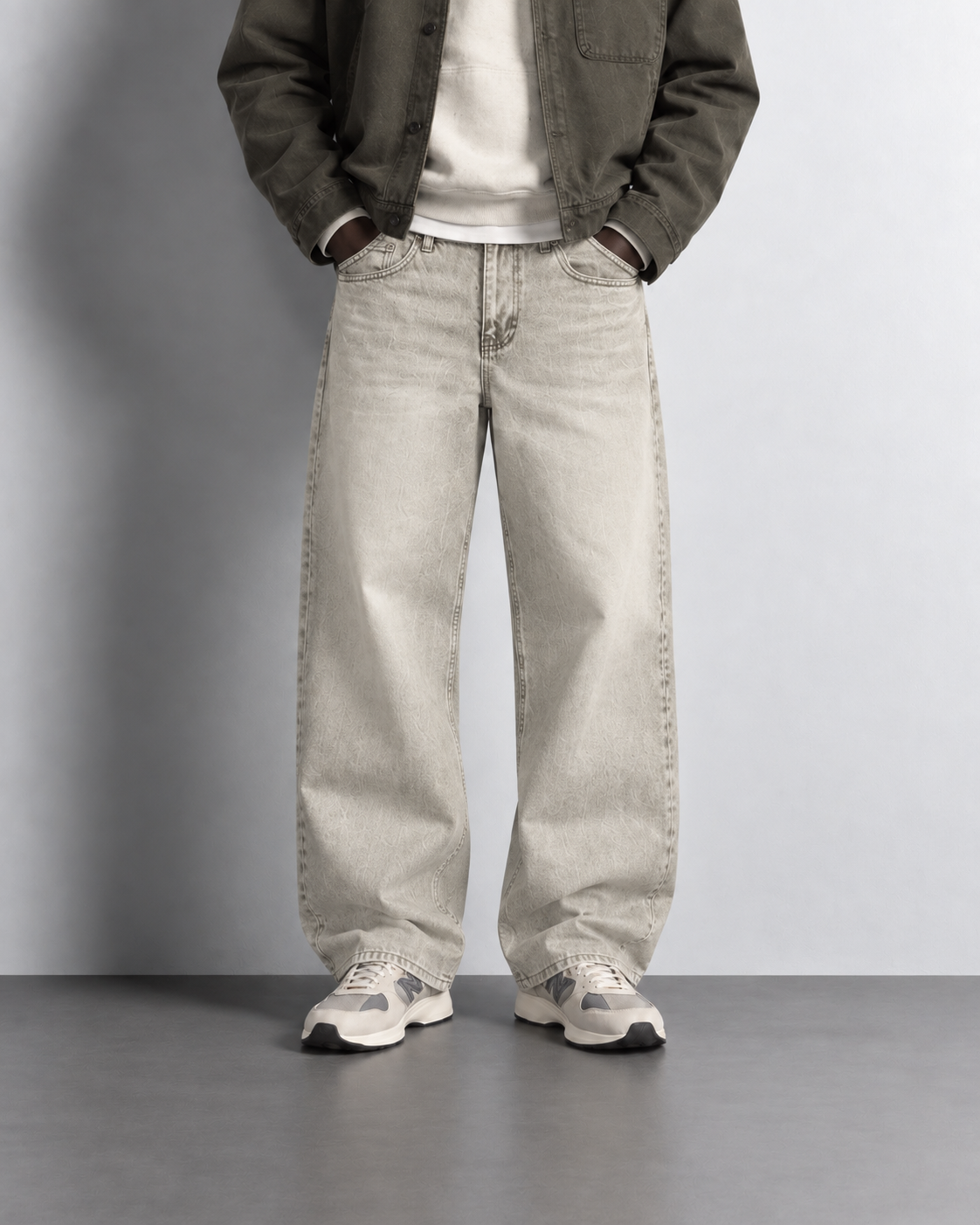 Stone Beige Vintage Baggy Jeans — worn, close-up