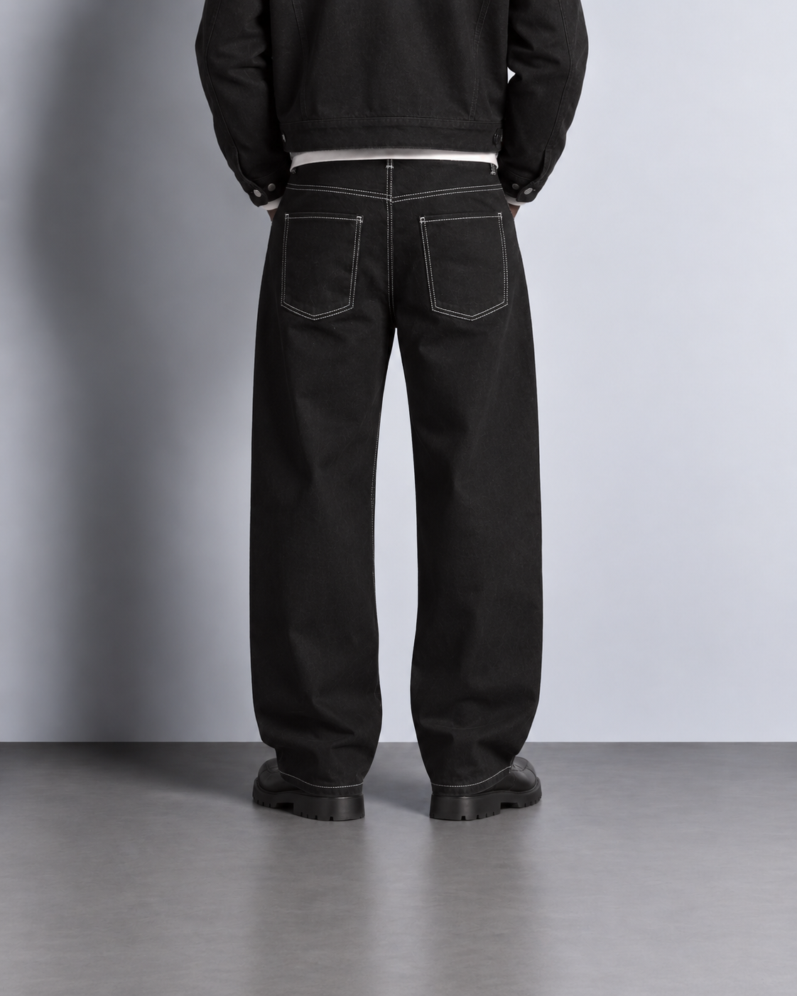Black Contrast Stitch Baggy Jeans — worn, back