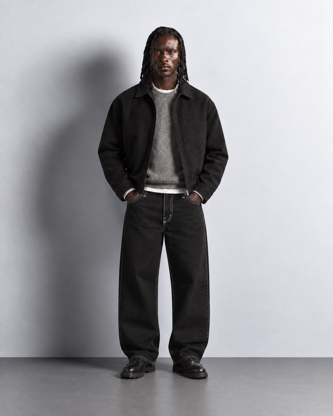 Black Contrast Stitch Baggy Jeans — worn, front