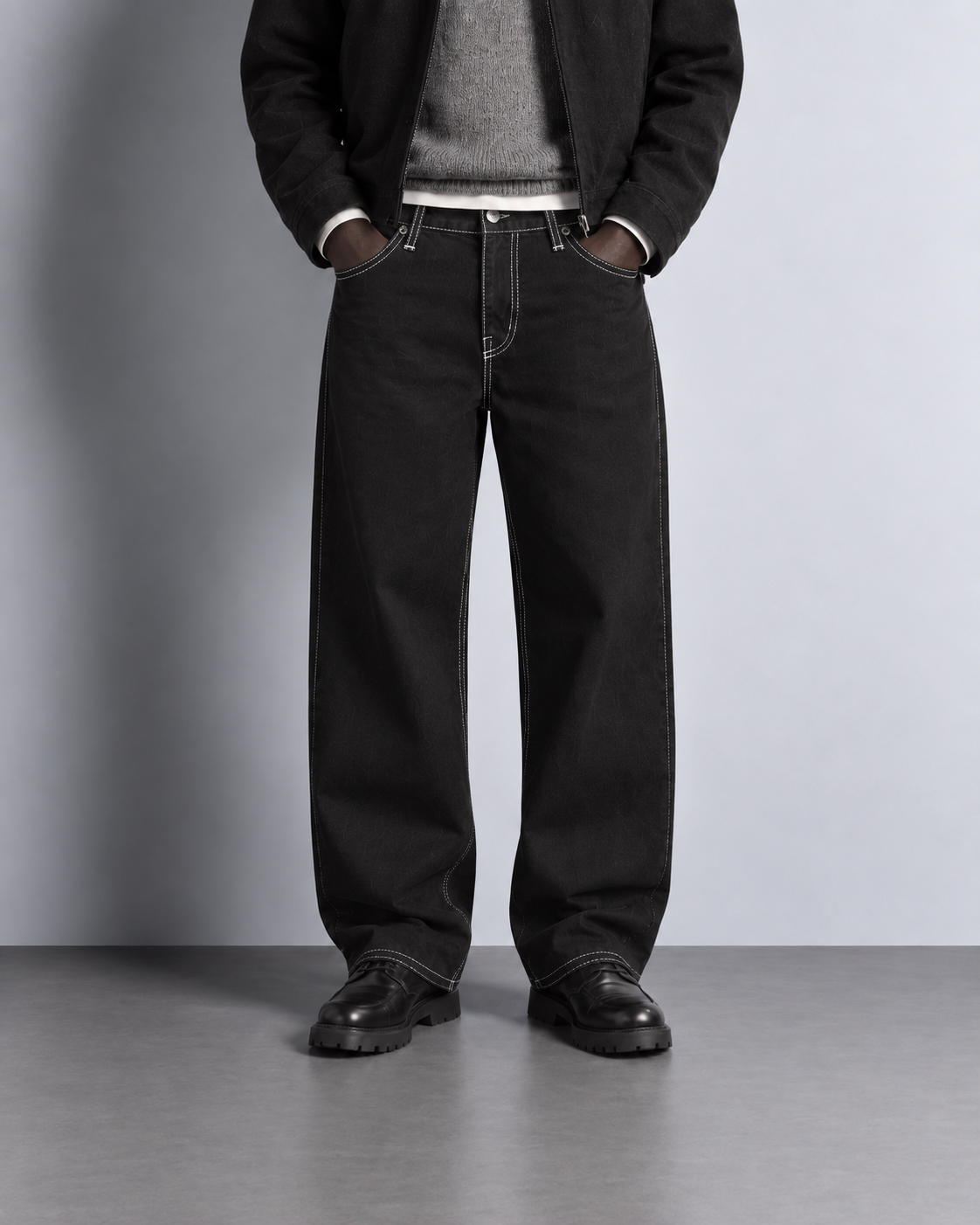 Black Contrast Stitch Baggy Jeans — worn, close-up