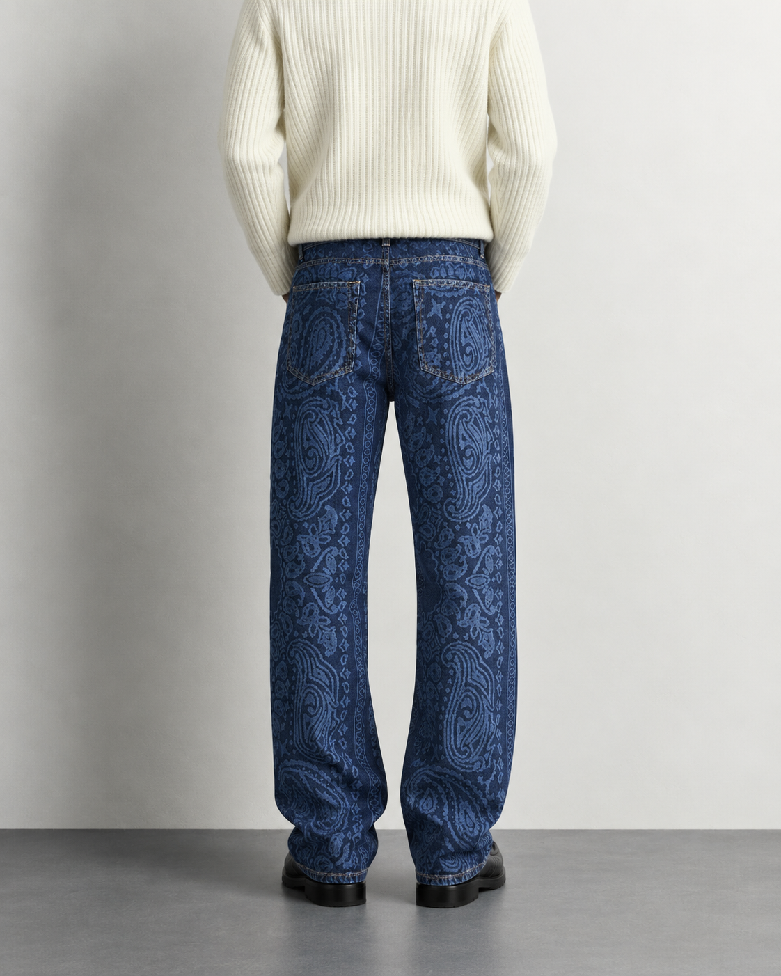 Blue Paisley Print Baggy Jeans — worn, back