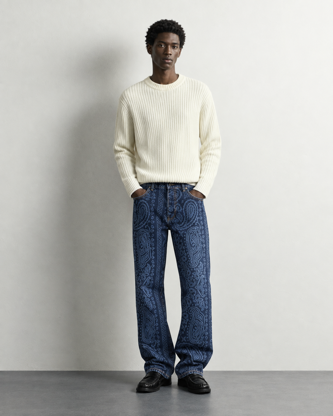Blue Paisley Print Baggy Jeans — worn, front