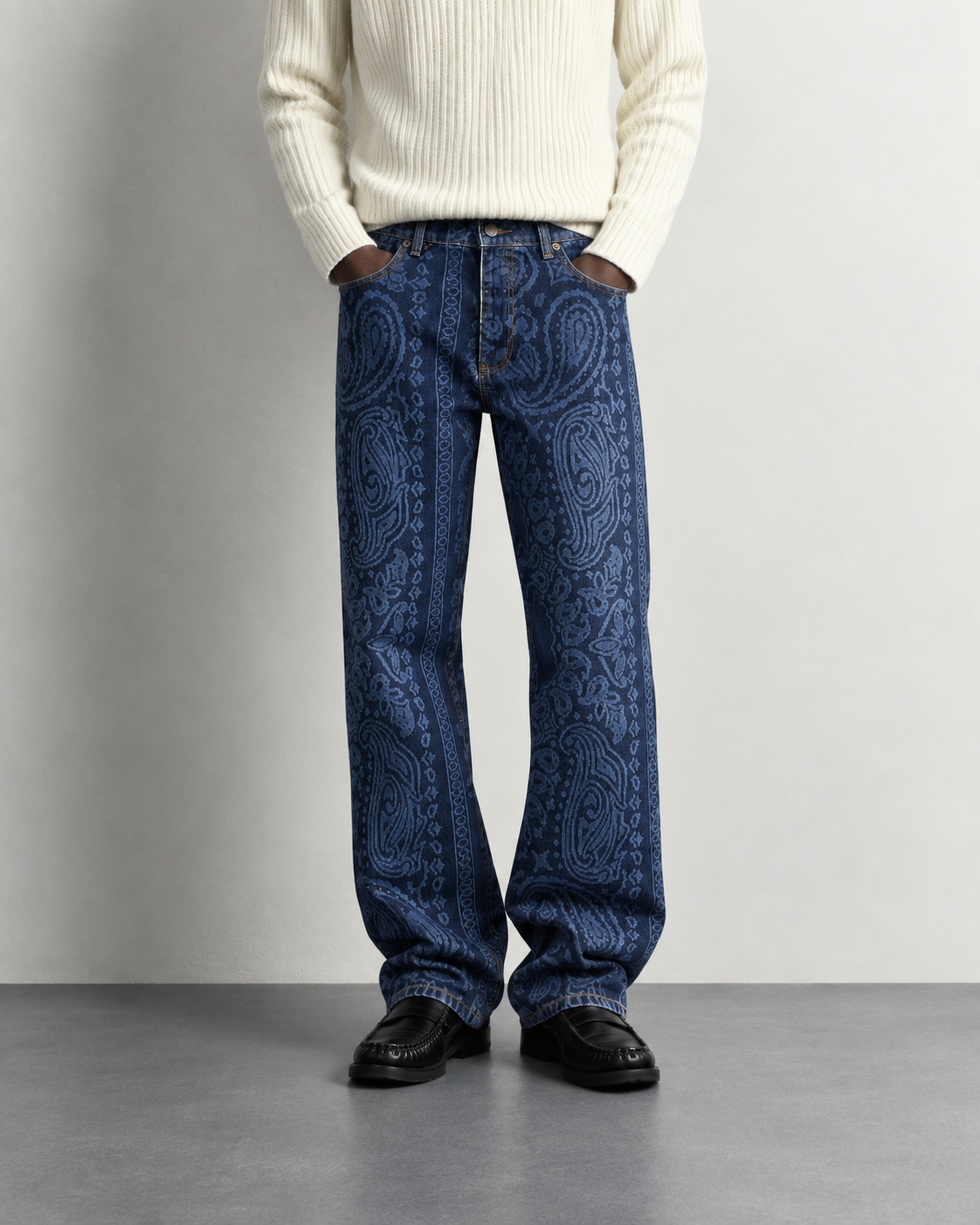 Blue Paisley Print Baggy Jeans — worn, close-up
