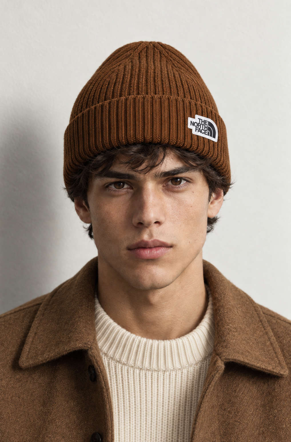 Ribbed Logo Beanie — worn, close-up