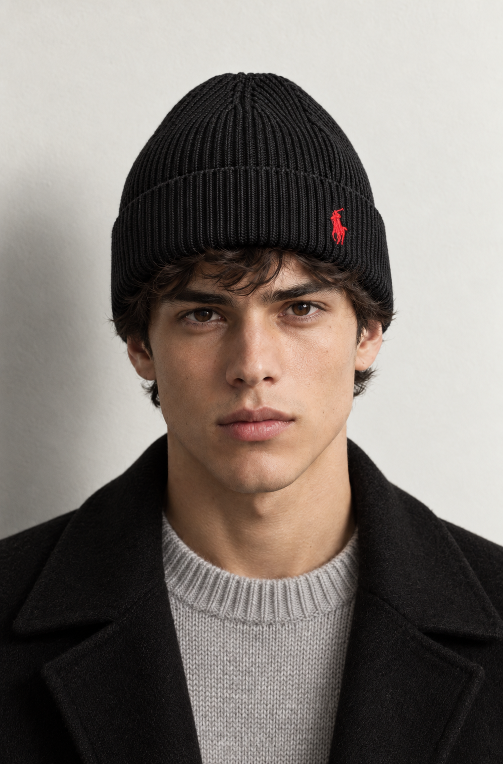Embroidered Pony Ribbed Beanie — worn, close-up