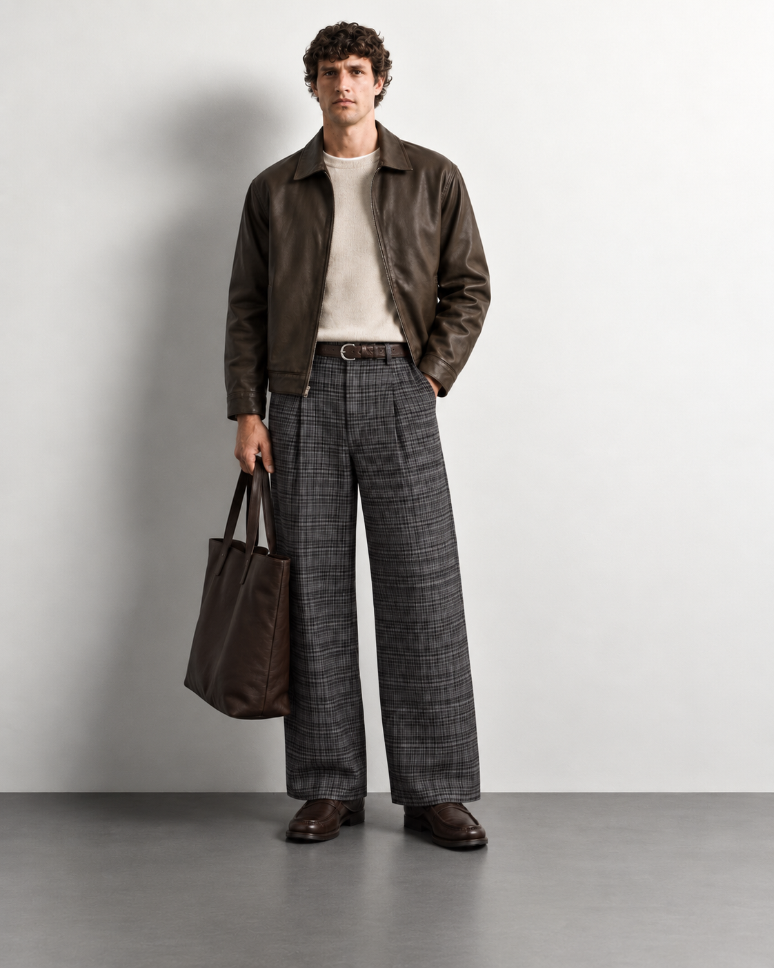 Grey Checked Wide-Leg Trousers — worn, front