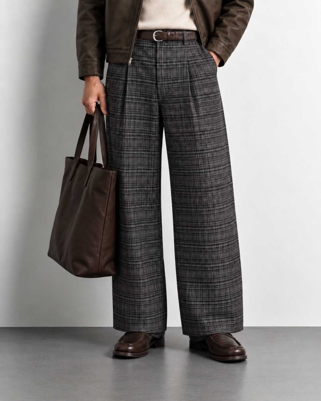 Grey Checked Wide-Leg Trousers — worn, close-up