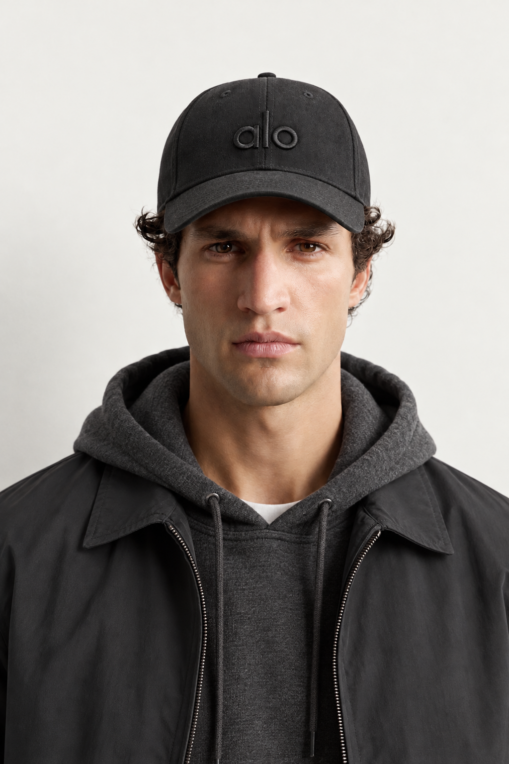 Alo Stealth Embroidered Cap — worn, front