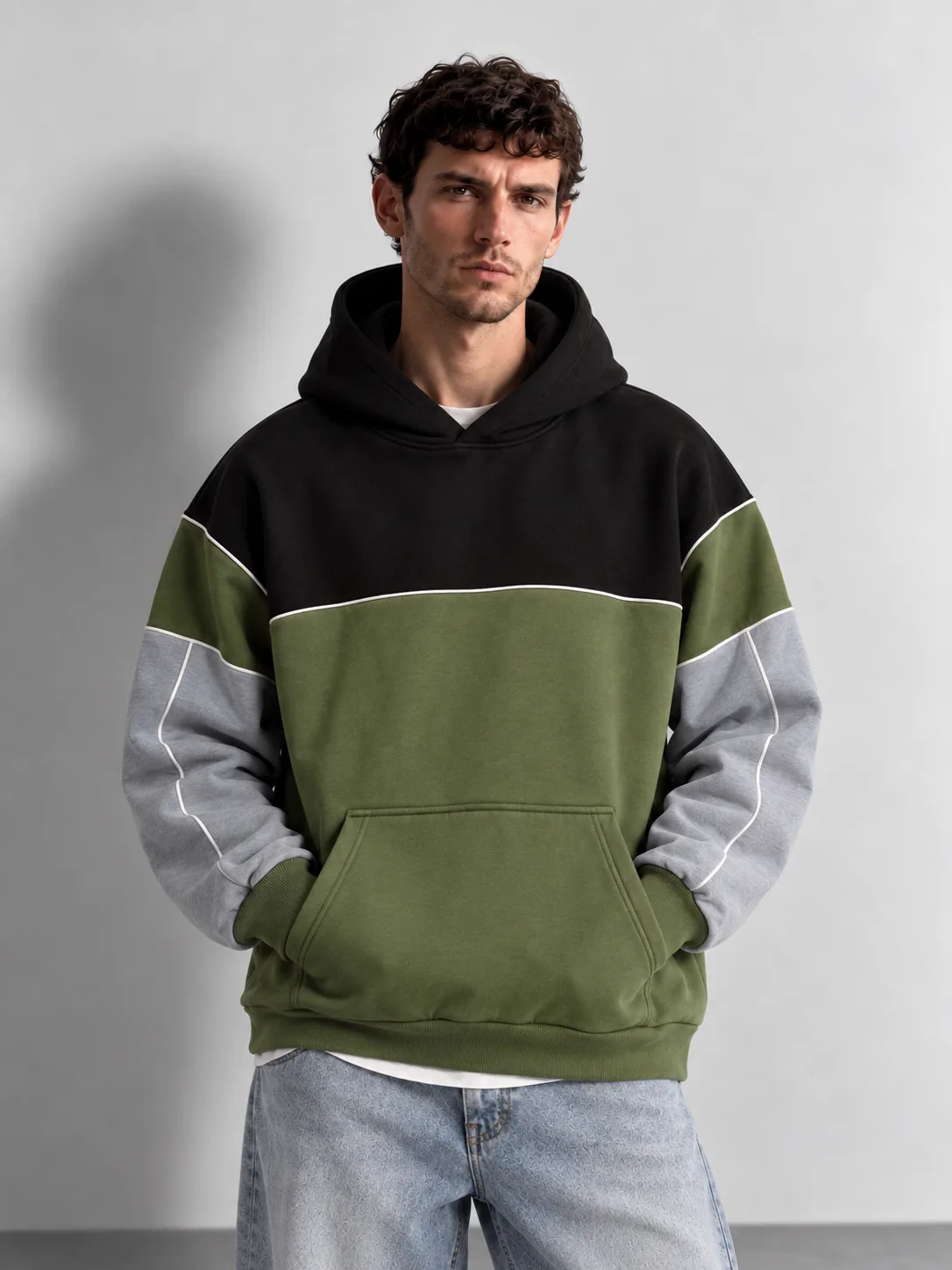 Color Block Pullover Hoodie — worn, close-up