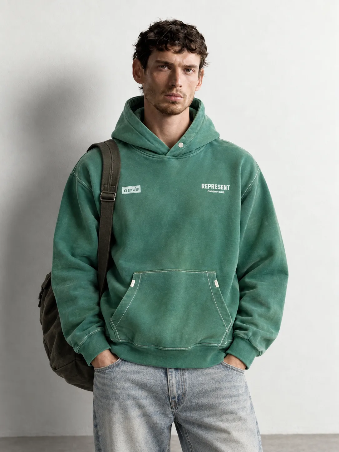 Contrast Stitch Washed Hoodie — worn, close-up
