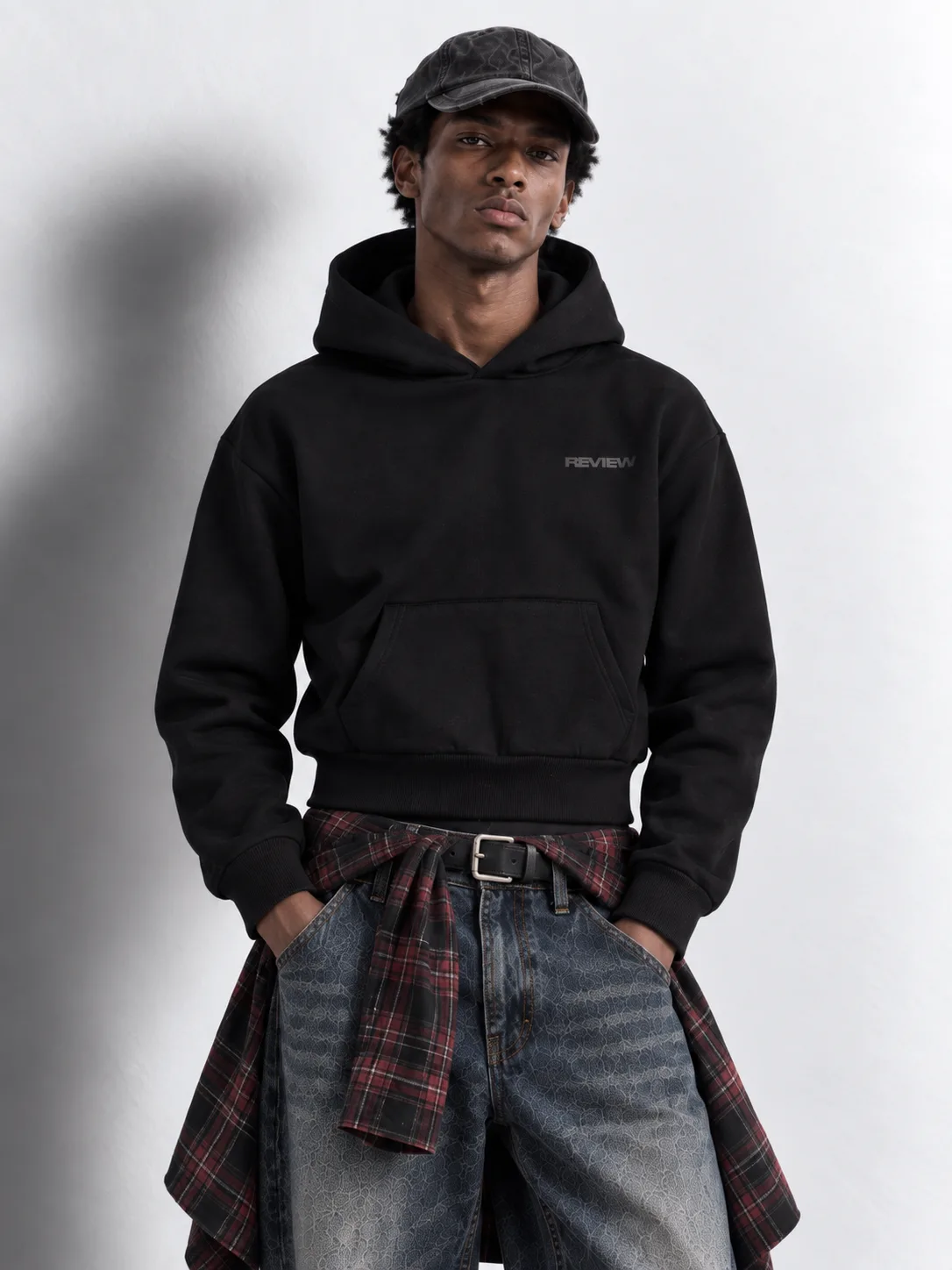Cropped Boxy Hoodie — worn, close-up