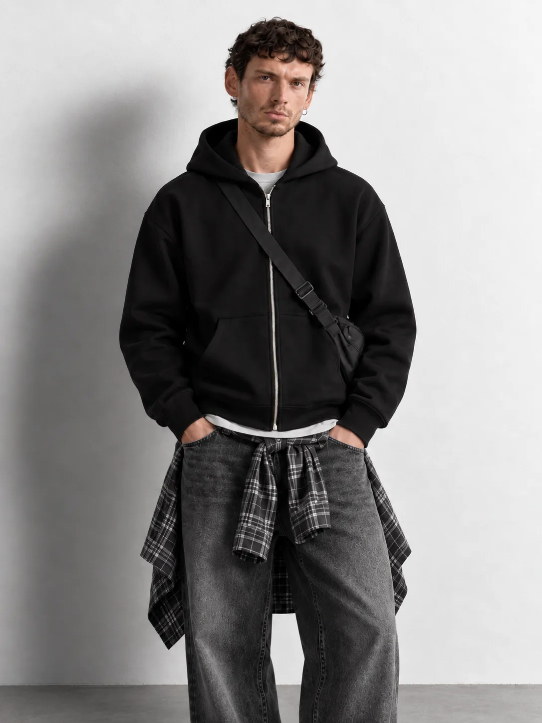 Essential Zip-up Hoodie — worn, close-up