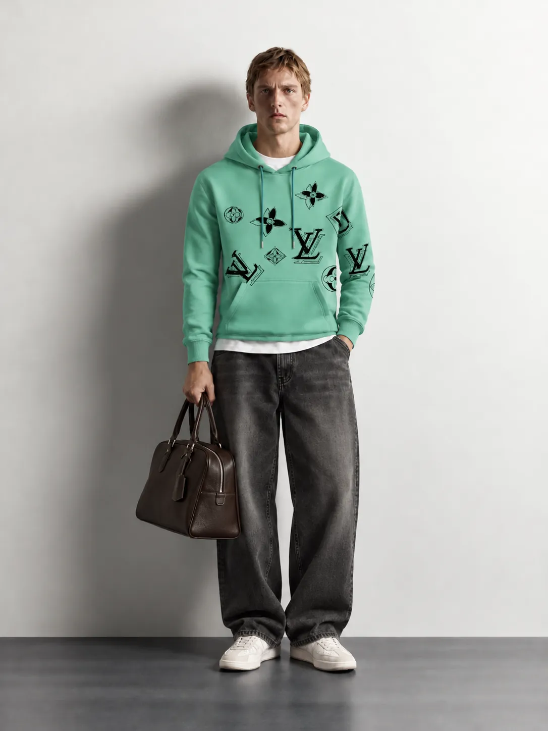 Monogram Graphic Pullover Hoodie — worn, front