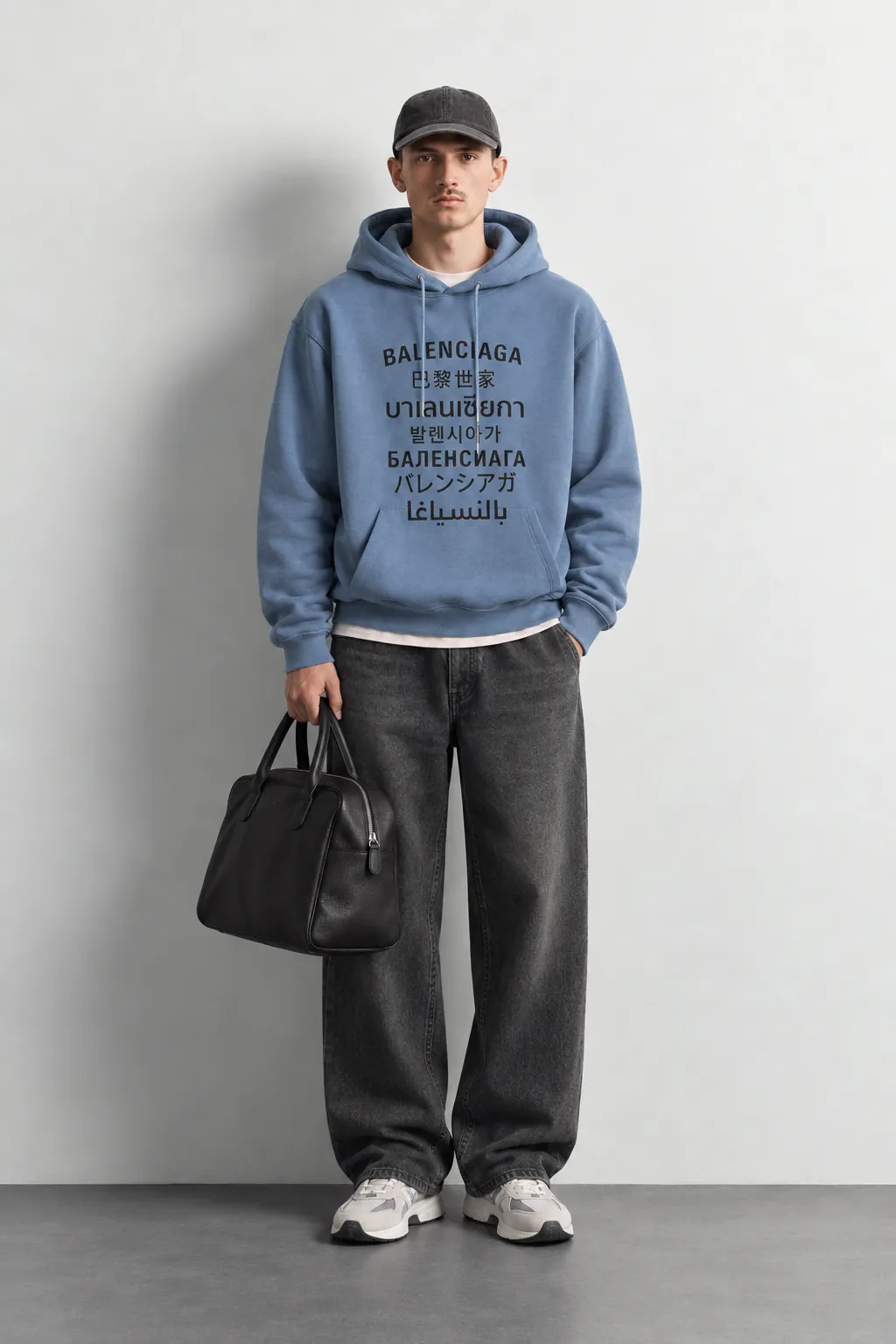 Multilingual Logo Print Hoodie — worn, front