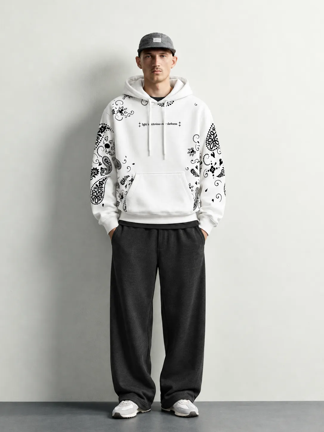 Paisley Print Pullover Hoodie — worn, front