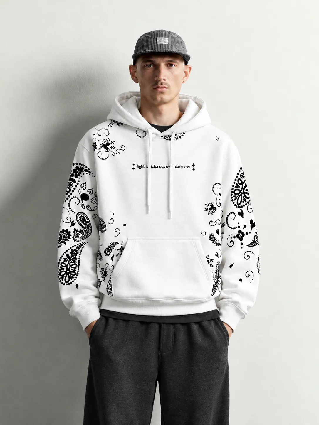 Paisley Print Pullover Hoodie — worn, close-up