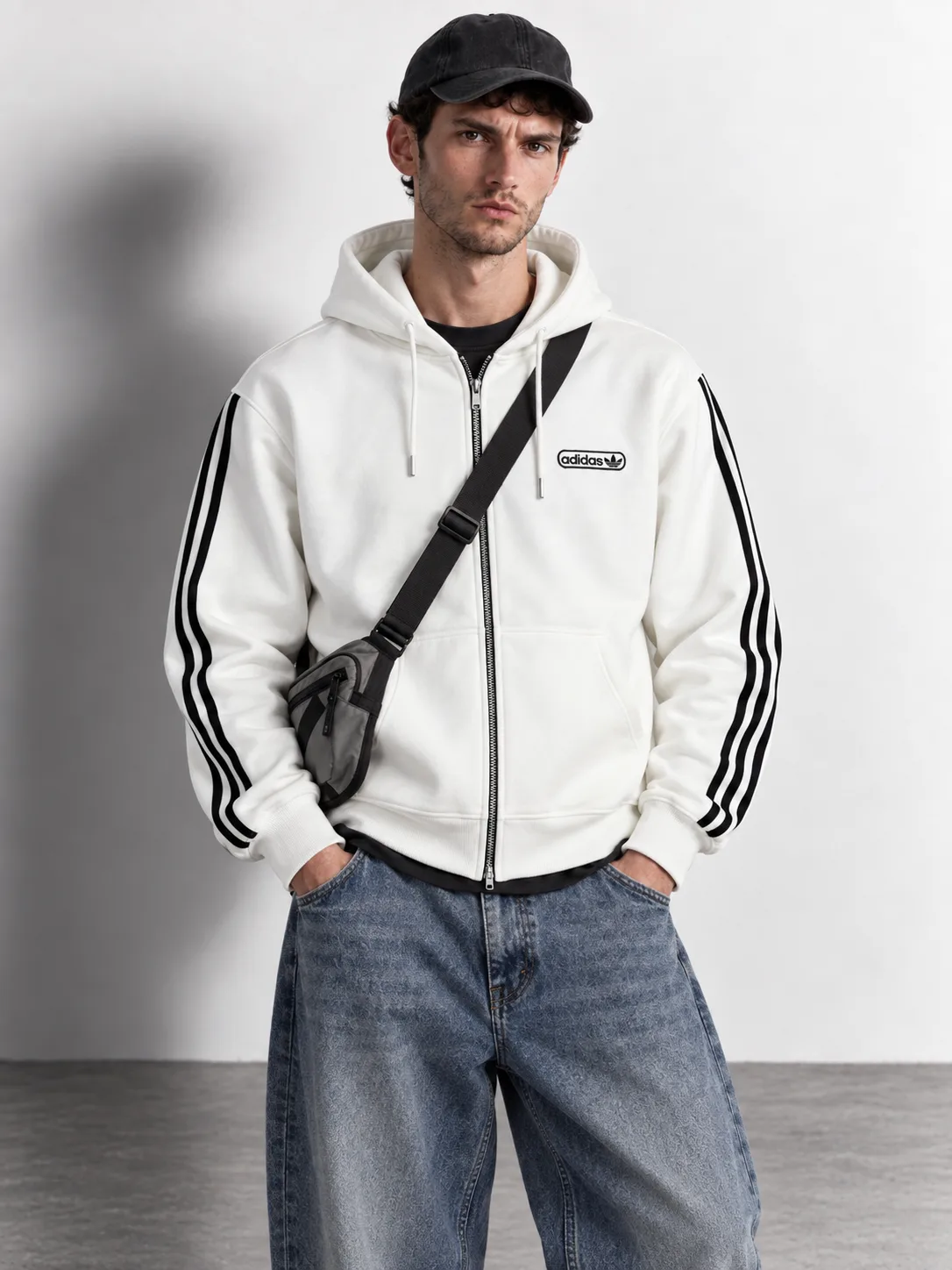 Three-stripe Zip-up Hoodie — worn, close-up