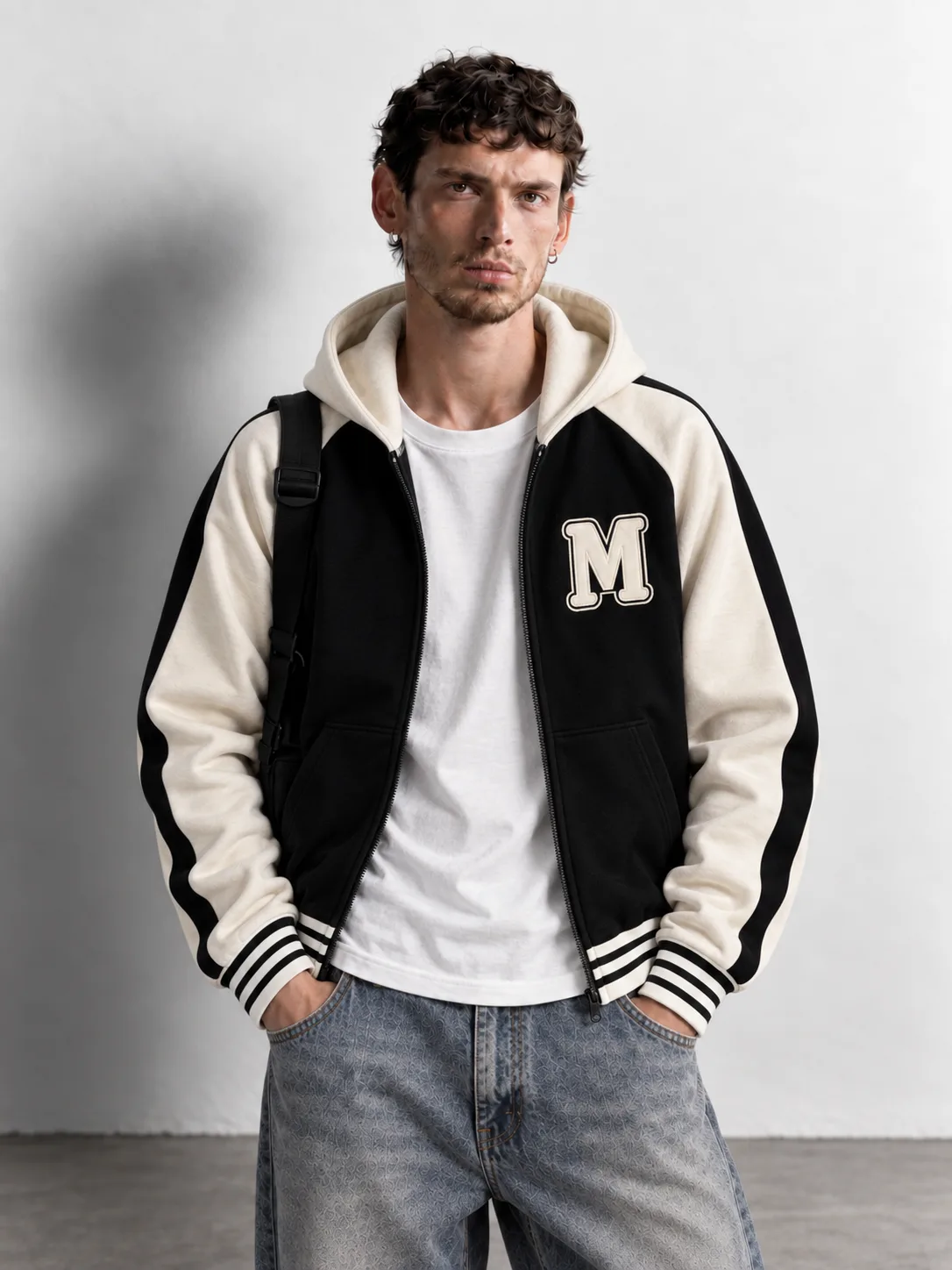 Varsity Contrast Zip Hoodie — worn, close-up