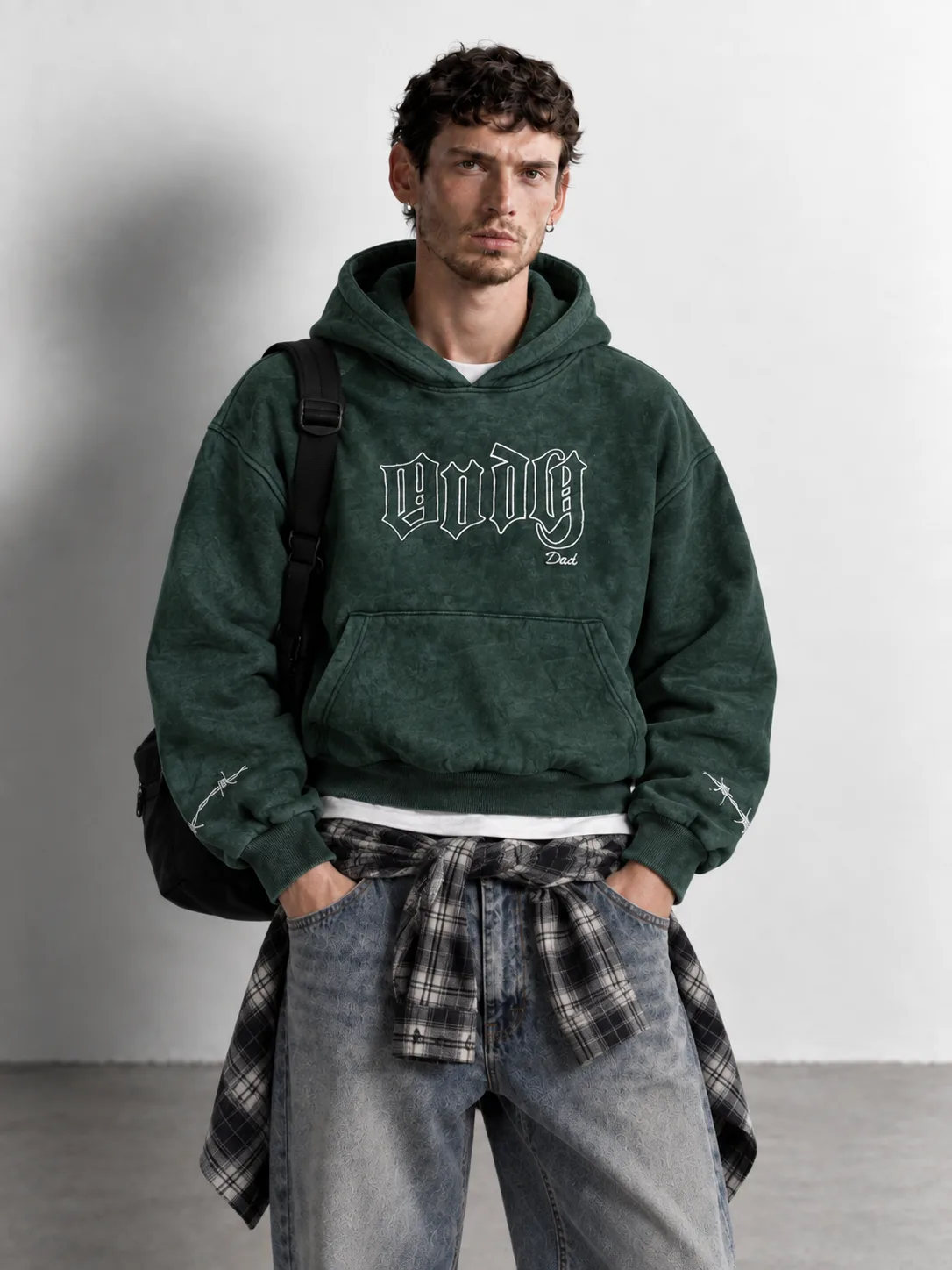 Vintage Wash Graphic Hoodie — worn, close-up