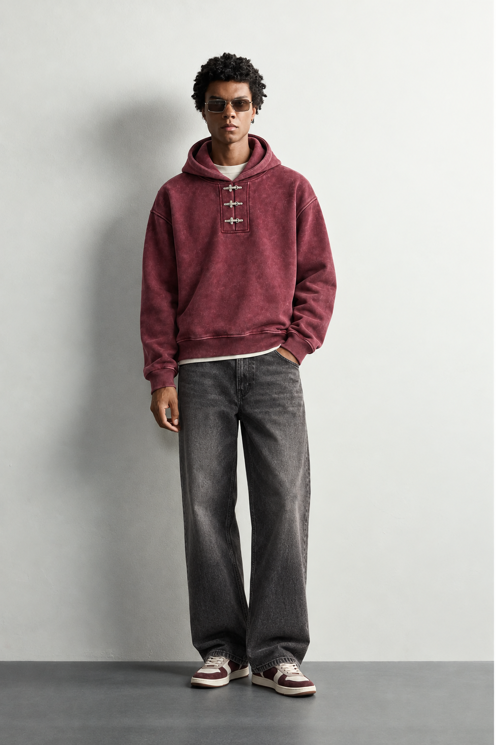TRIPLE METAL CLASP HOODIE — worn, front