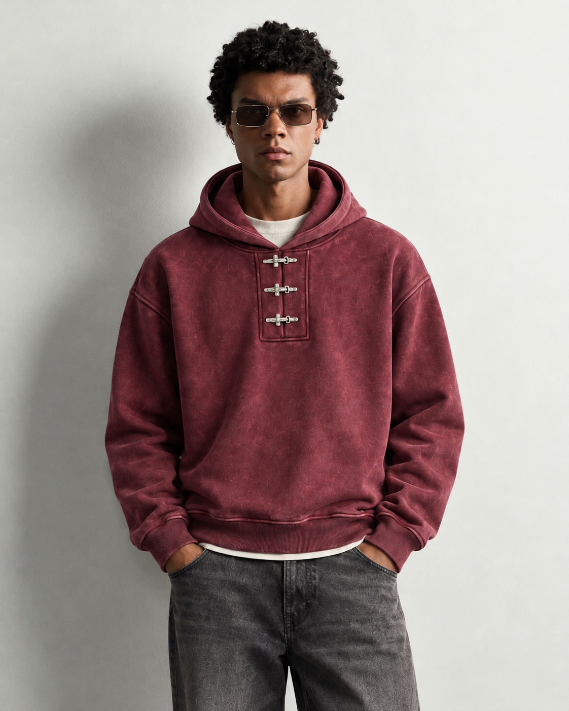 TRIPLE METAL CLASP HOODIE — worn, close-up