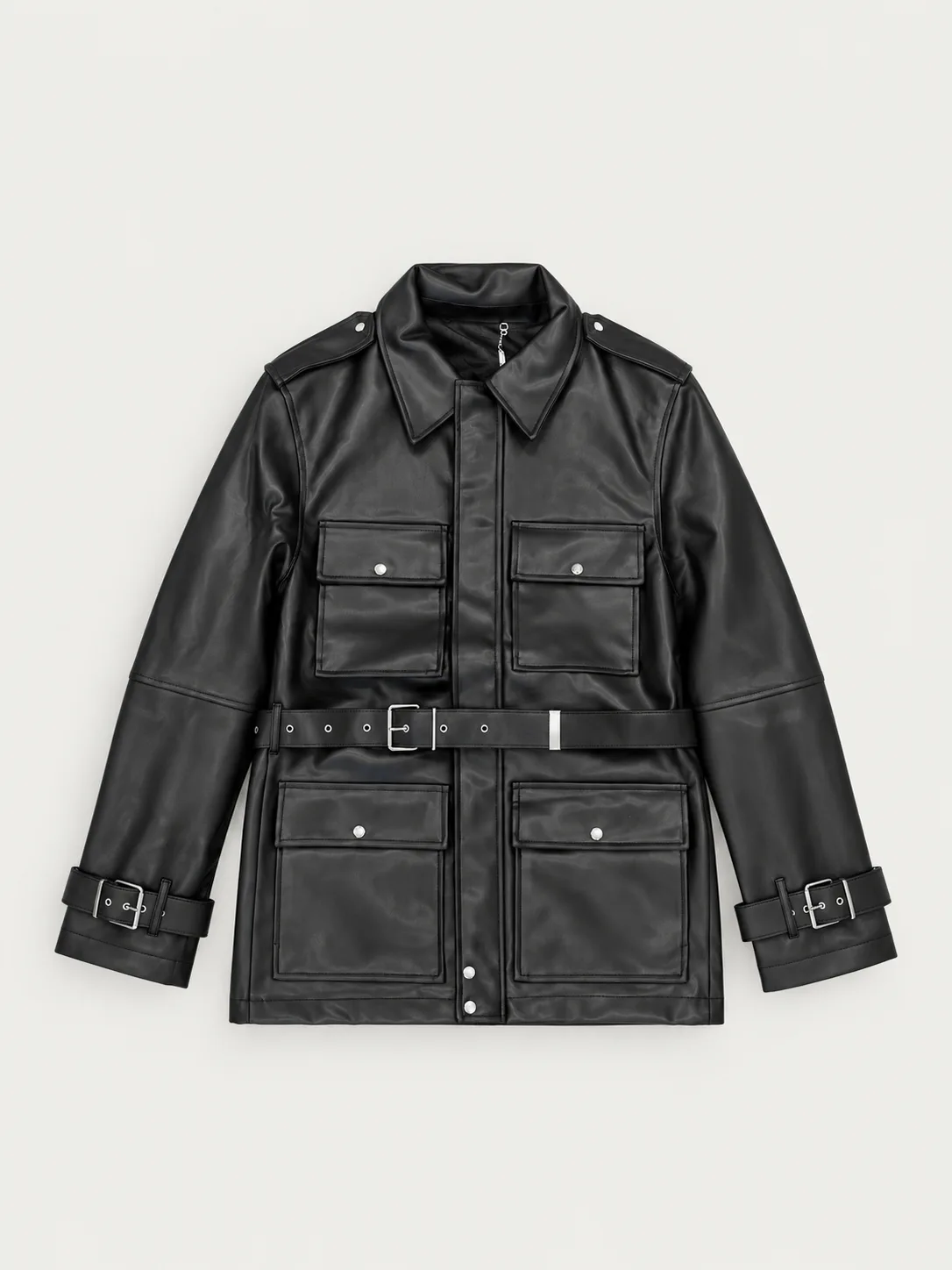 Belted Utility Faux Leather Jacket — front view