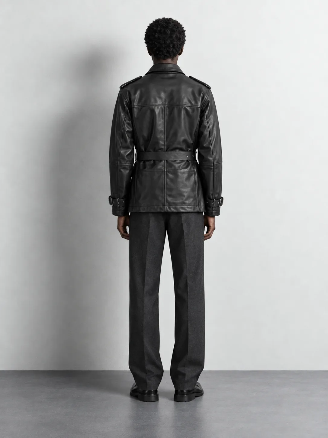 Belted Utility Faux Leather Jacket — worn, back