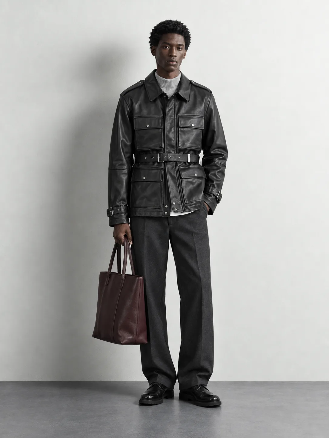 Belted Utility Faux Leather Jacket — worn, front