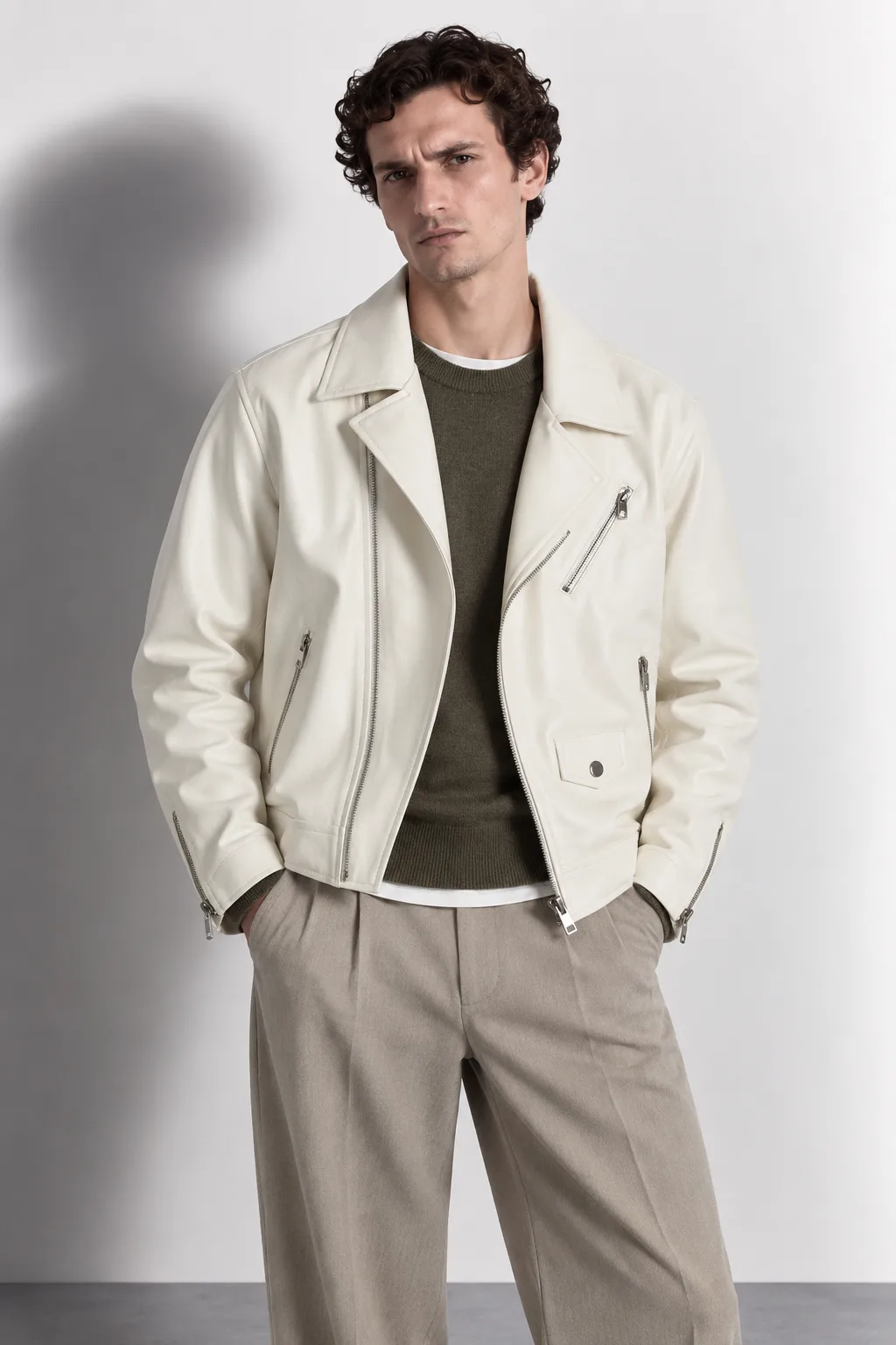 Biker Leather Jacket — worn, close-up