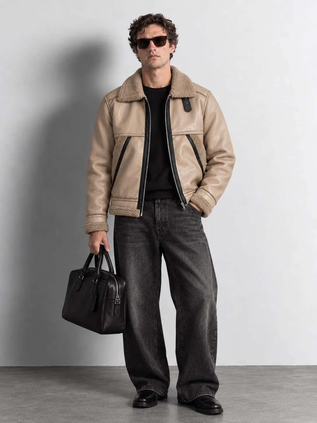 Buckle Collar Shearling Aviator Jacket — front view