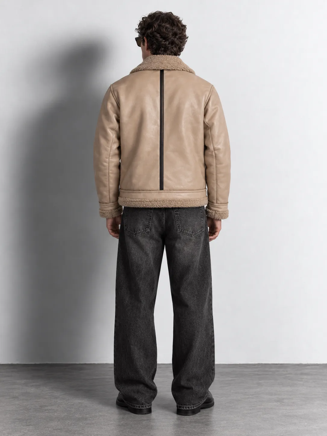 Buckle Collar Shearling Aviator Jacket — worn, back