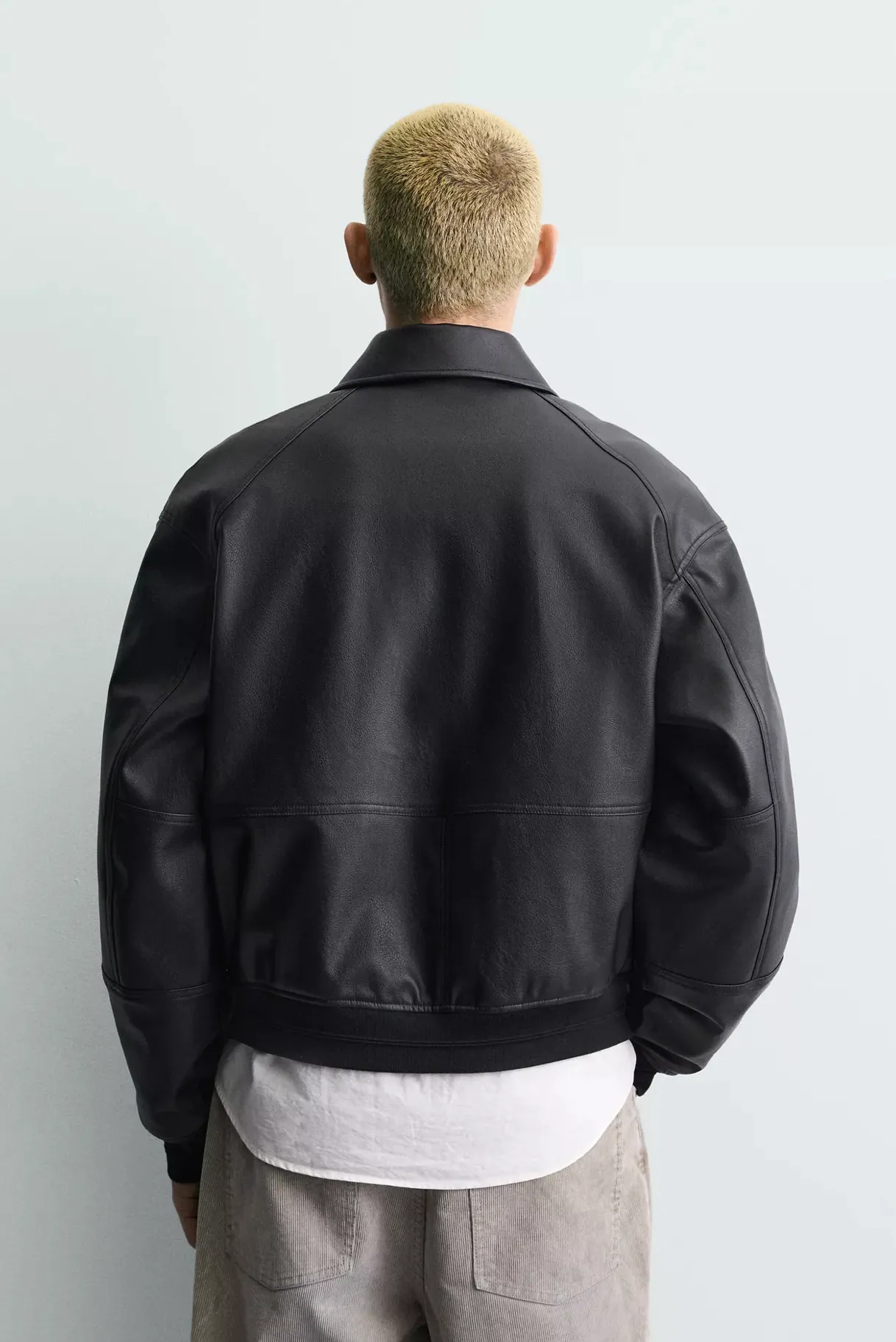 Classic Leather Bomber Jacket — worn, back