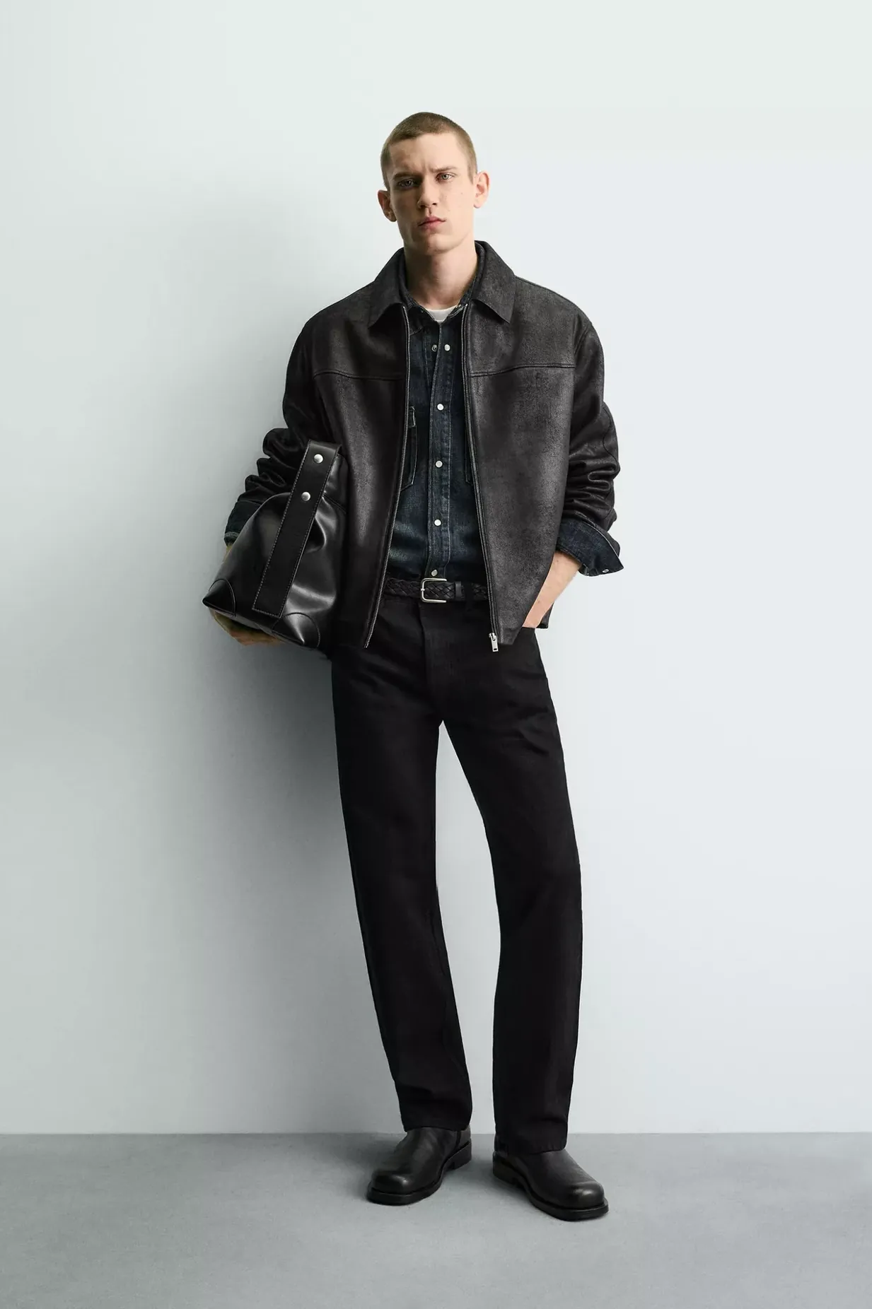 Clean Line Leather Jacket — worn, front