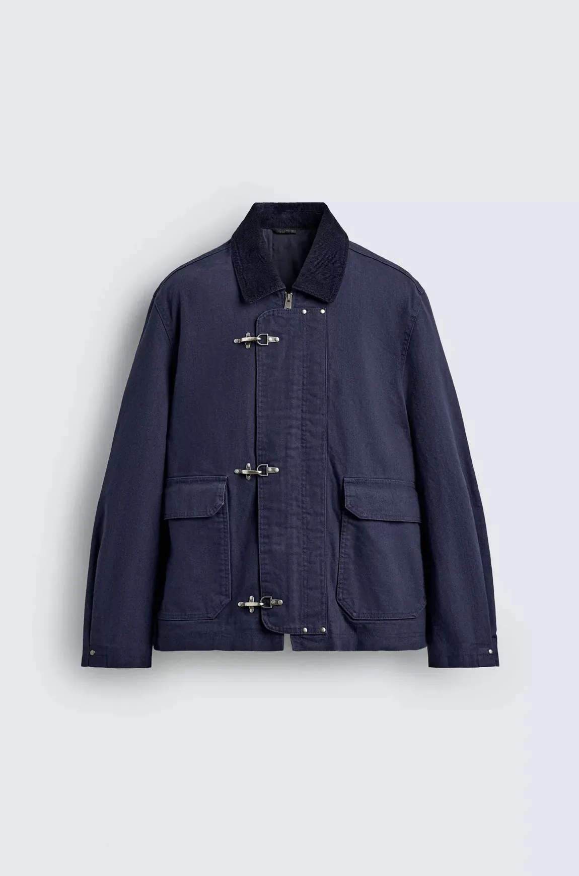 Contrast Collar Jacket with Fireman Clasps — front view
