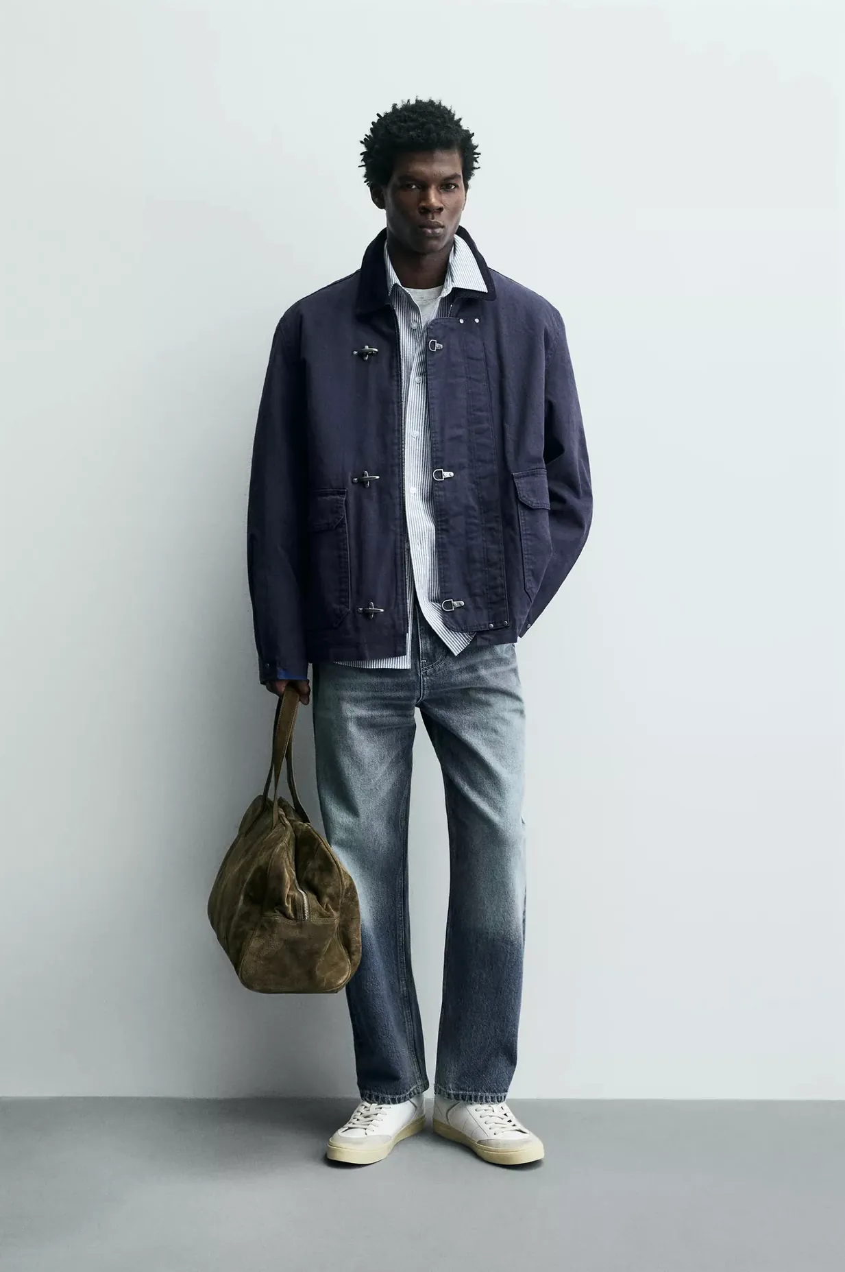 Contrast Collar Jacket with Fireman Clasps — worn, front